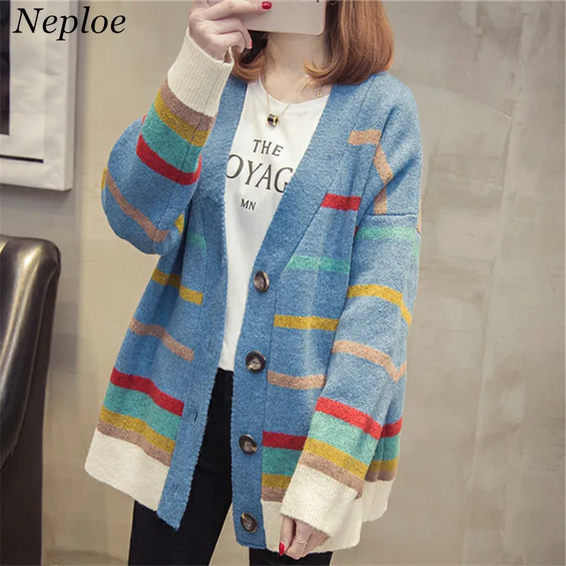 

Neploe Color Pathwork Stripped Women Cardigan Single Breasted V-Neck Loose Open Stich 2019 Autumn Winter New OF sweater 68734