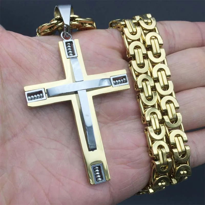 Модное мужское золотое/серебряное ожерелье из нержавеющей стали с кулоном в виде креста с 24 дюймовым византийским кулоном