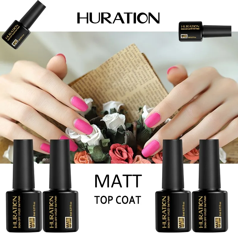 

Huration 8 ML Nail Art Frosted Top Coat Design High Quality LED UV Base Layer Mate Finish Non Sticky Top Coat Layer Soak Off