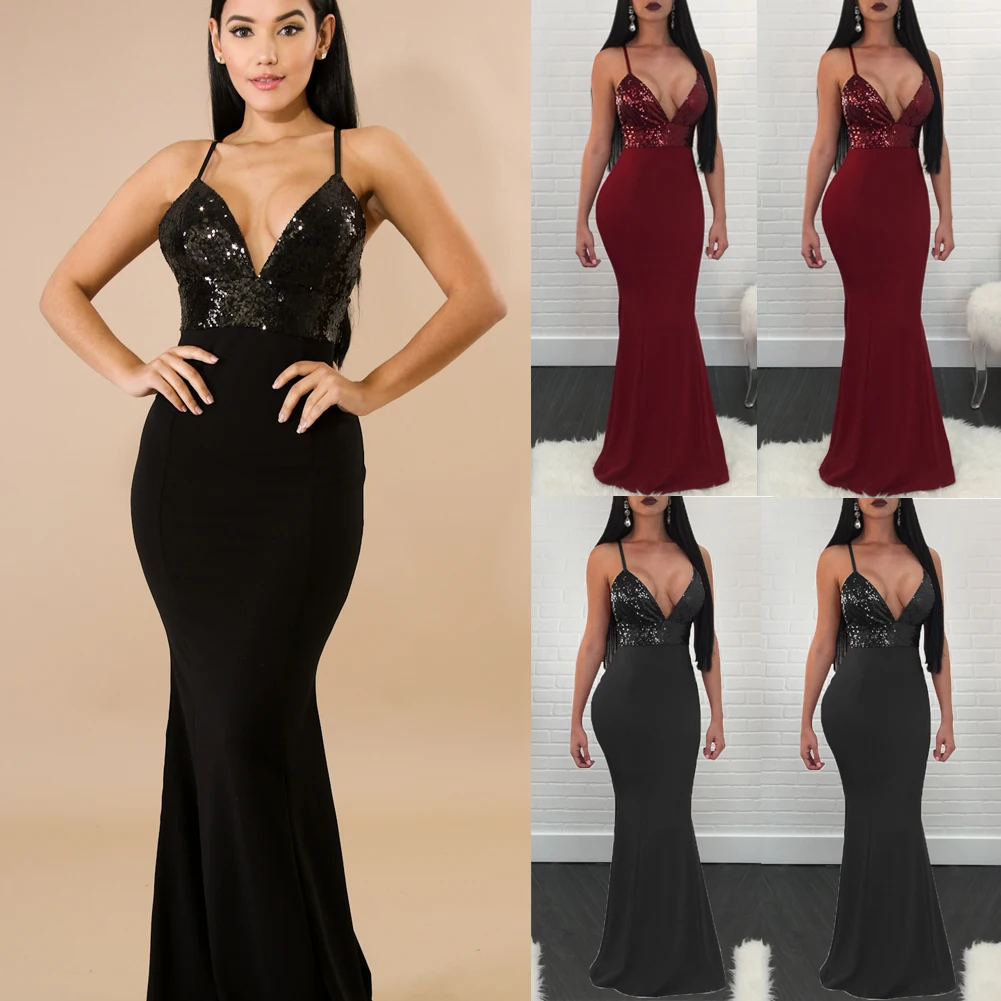 

NEW Women Summer Sexy Sleeveless Deep V-neck Solid Prom Evening Party Long bodycon Dress