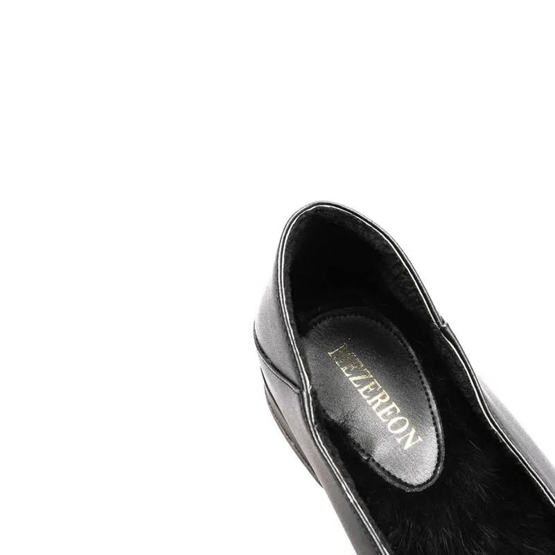 MEZEREON/Женская обувь на плоской подошве с кроличьим мехом удобная женская обувь без застежки на плоской подошве из натуральной кожи женская обувь с острым носком