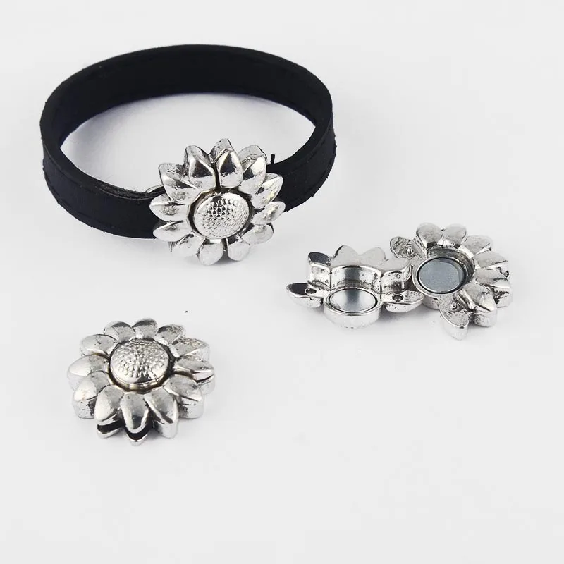 

5 Sets Antique Silver 10x2mm Flat Sunflower Strong Magnetic Clasp Bracelet Findings For 5mm 10mm Flat Leather
