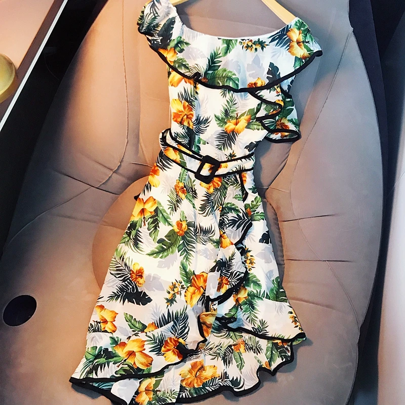 

Luxury Designer Brand Chiffon Dress for Women Ruffled Slash Neck Off the Shoulder Floral Leaves Print Irregular Dress Sashes