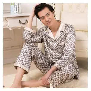 Классические пикантные атласные шелковые Для мужчин, одежда для мальчиков, Хлопковая пижама с модным принтом с длинными рукавами для мальчиков, пижамы, комплекты со штанами из искусственного шелка Пижама, одежда для сна - Цвет: Серый