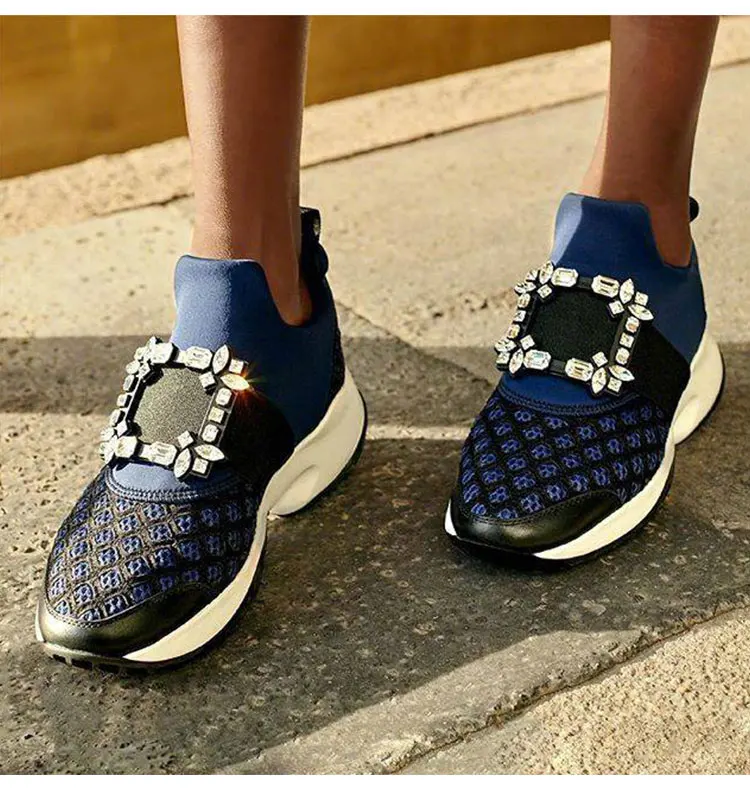 Fashion Runway Shoes Woman Bling Crystal Women Sneakers Squared Buckle Decor Casual Flats Slip On Sport Shoes Mesh Leather Shoe