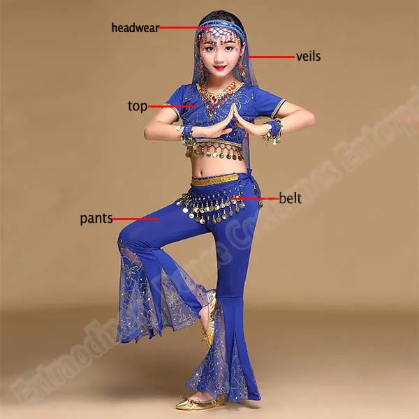 Девушки Болливуд танцевальные костюмы танец живота индийский набор сари шифон наряд представление на Хэллоуин Топ Пояс брюки Вуаль головной убор - Цвет: Royal blue-5pcs