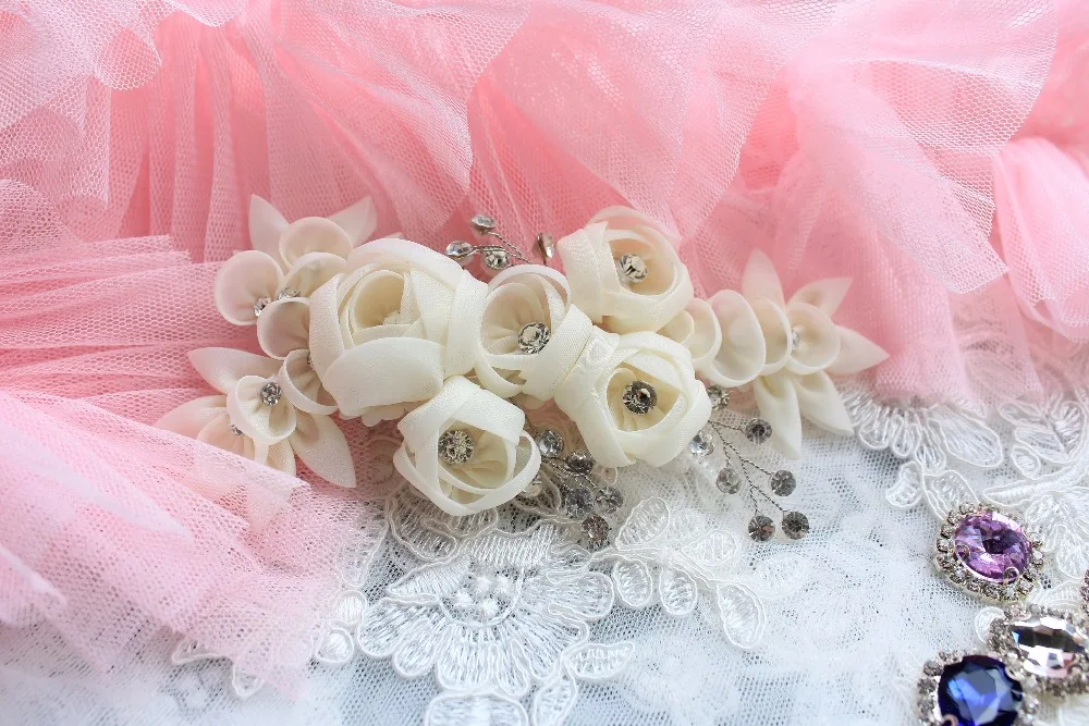 fabric rosette flower, rhinestone beaded rosette headpiece, bridal