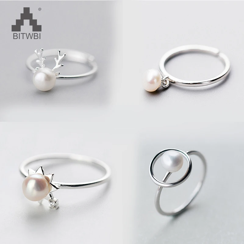 

New Fashion Pure Silver 925 Ring Sweet Cute Elk Antlers Sun Pearl Rings For Women Girl Party Finger Jewelry Christmas Gifts