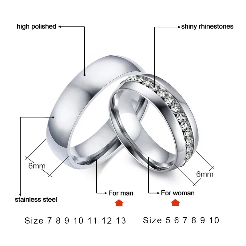 ZORCVENS Новая мода серебряного цвета обручальные кольца для мужчин и женщин ювелирные изделия Lover 6 мм из нержавеющей стали обручальные кольца