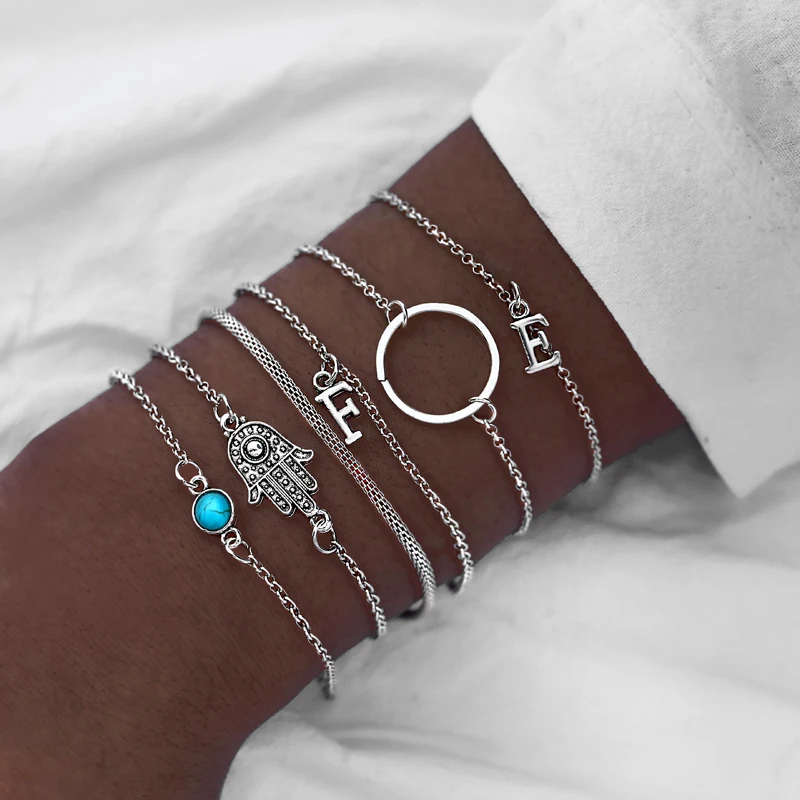 

IF YOU Bohemia Palm Metal Chain Letter Bracelet Woman Round Trendy Flower Charm Bracelets Set Men Carta Pulsera Jewelry 2019 New