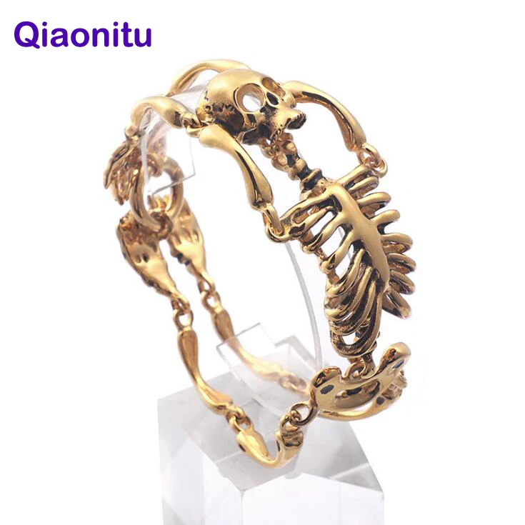 Череп браслет для тела большой скелет и кости состояние мужчины t Панк ювелирные изделия золотой цвет нержавеющая сталь Хэллоуин Байкер готические браслеты для мужчин