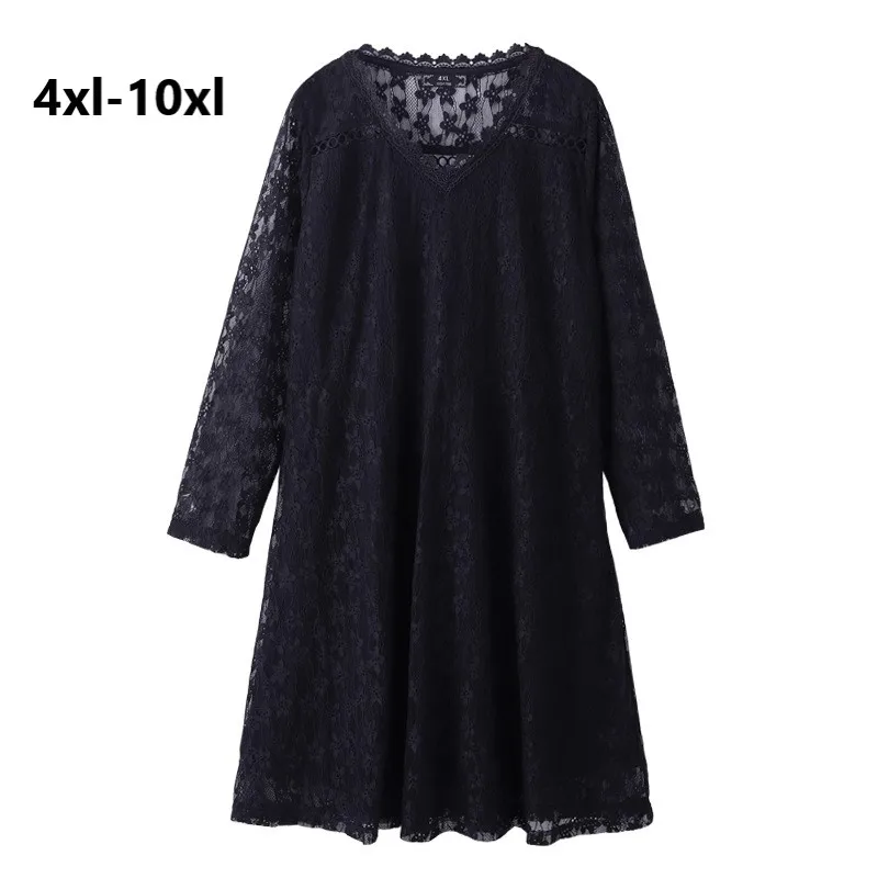 

Plus Size 10XL 8XL 6XL Women Spring Long Sleeves Black Lace Dress Vintage Dress V Neck Elegant A-line Sliming Mujer Dress