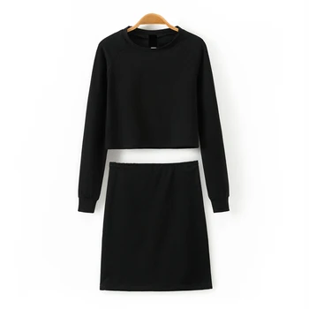 

Casual Women Sets Solid Skinny Long Sleeve Crop Top T-shirt Sheath Women Sexy MIni Dress Women Two Piece Suits