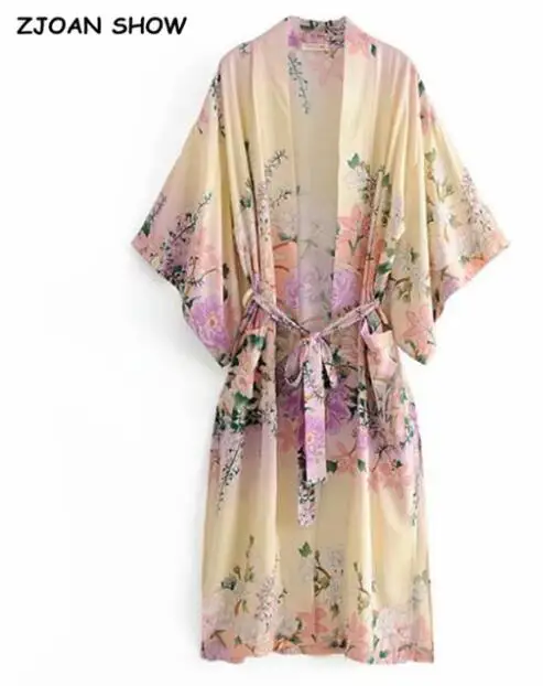 Женское кимоно на поясе, длинная просторная блуза с цветочным принтом «павлин» и V-оразным вырезом, рубашка в этно-стиле на завязках, кардиган свободного кроя
