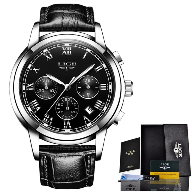 LIGE мужские часы Топ бренд Роскошные мужские спортивные часы для мужчин повседневные кожаные водонепроницаемые часы кварцевые часы Erkek Kol Saati - Цвет: Silver black