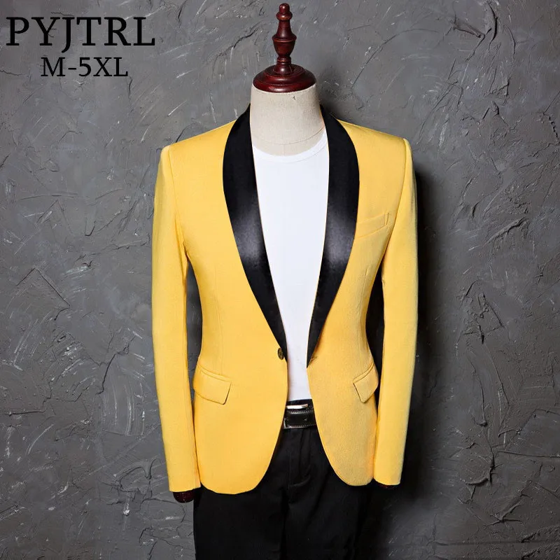 

PYJTRL Men Plus Size Classic Shawl Lapel Slim Fit Suit Jacket Casual Yellow Blazer Designs Costume Stage Clothes For Singers