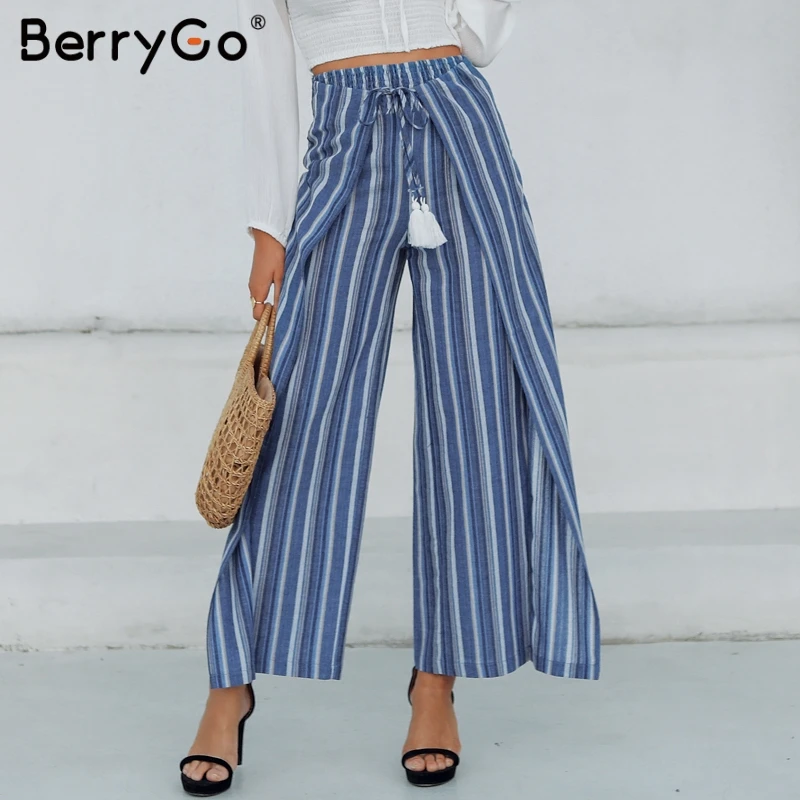 

BerryGo striped women long pants Casual capris loose wide leg pants sashes tassel pleated linen pants Boho trousers female