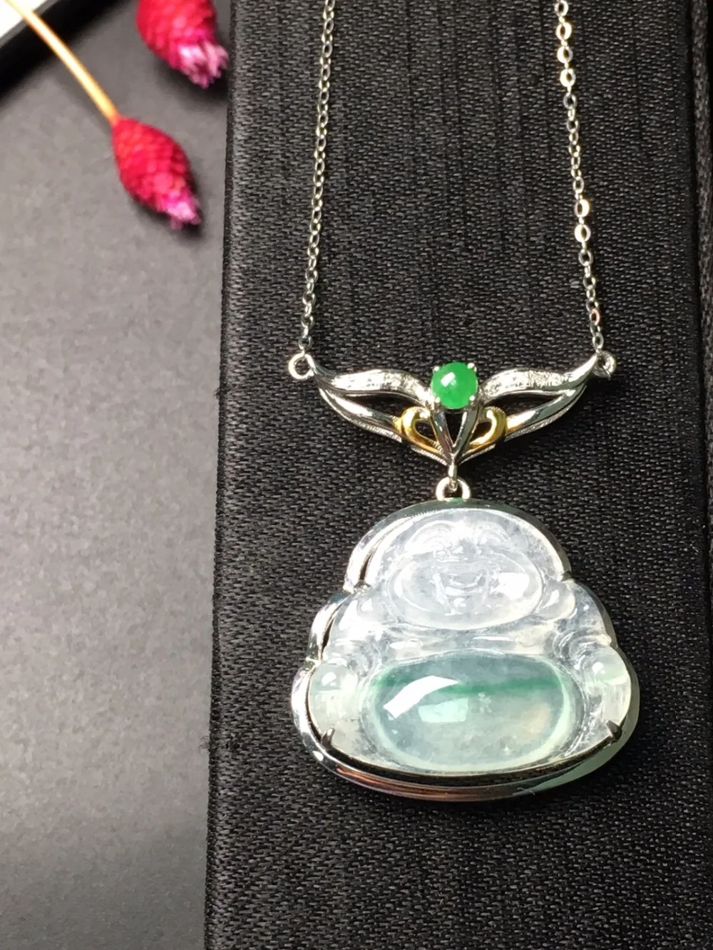 

Fine Jewelry Real 18K White Gold Station Buddha Natural Burmes Jade Gemstones Jadite Pendant Necklace Fine Pendants Necklaces