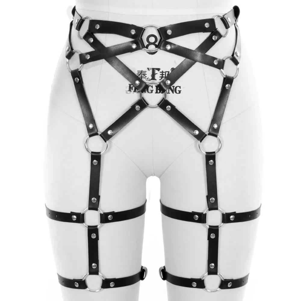 BODY CAGE BLACK LEATHER HARNESS GARTER BELT Leg Stockings Suspenders thigh High waist BONDAGE