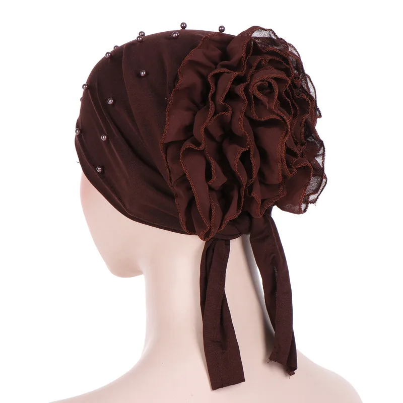 

Muslim Women Stretch Bead Cotton Solid Flower Turban Hat Cancer Chemo Beanies Headwear Pre-Tied Scarf Hair Loss Accessories