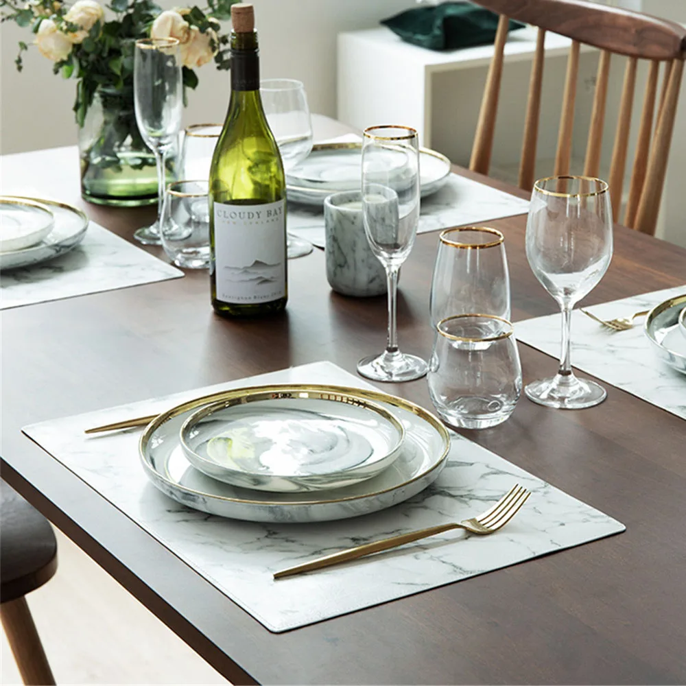 الفاخرة بو الجلود تحديد الموقع أسود أبيض الرخام نمط الجدول حصيرة العزل الحراري للماء المفارش عاء كوستر 45x32 سنتيمتر 1 قطعة