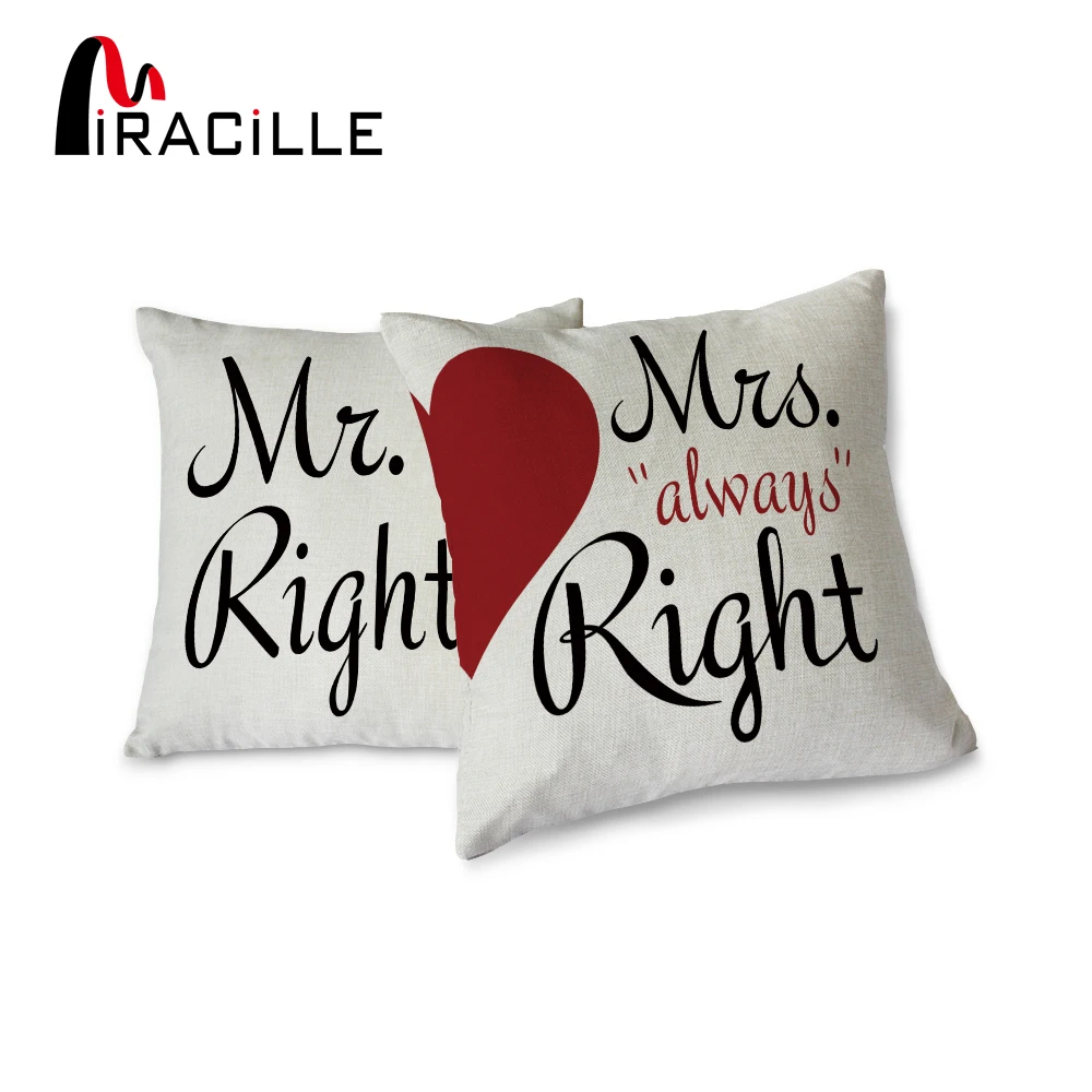 

Miracille 2 Pieces Cotton Linen Decorative Mr Right and Mrs Always Right Love Heart Couple Home Throw Pillowcase Cushion Cover