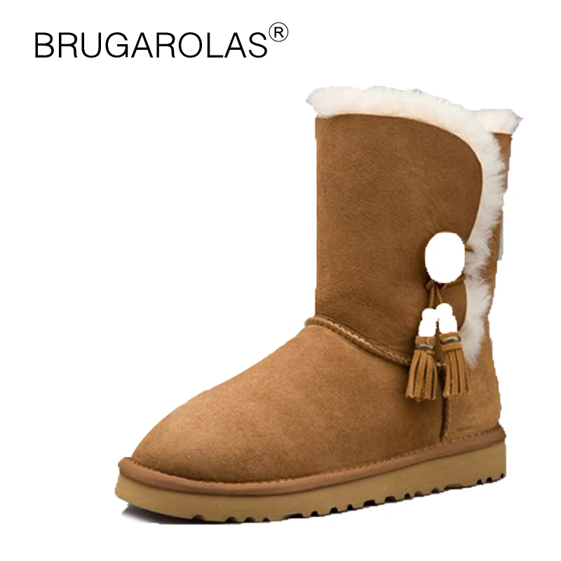 

High Quality Genuine sheepskin Leather women Snow Boots Winter ladies short plush fringe Boots Suede Fur Wool Lined Warm Shoes