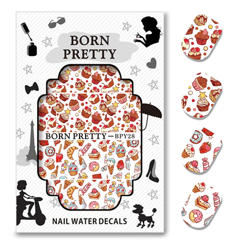 

Hot 2 Patterns/Sheet BORN PRETTY Various Dessert Nail Art Water Decals Manicure Nail Transfer Sticker BPY28