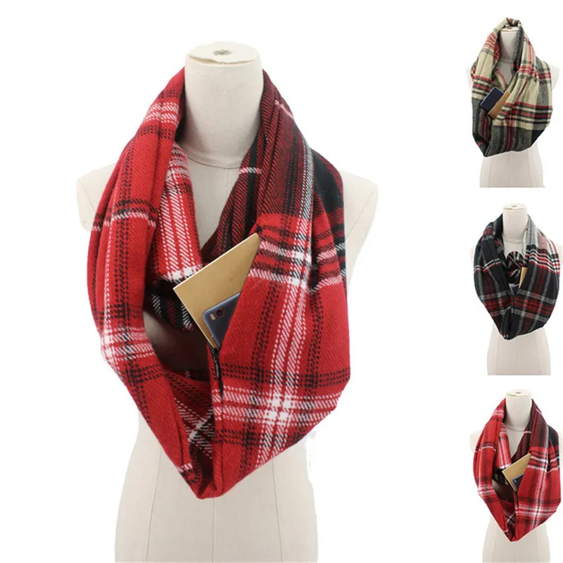 

2019 plaid winter scarf with pocket knitted Warm Convertible Journey Women&Man Wrap with Secret Hidden Zipper Pocket infinity