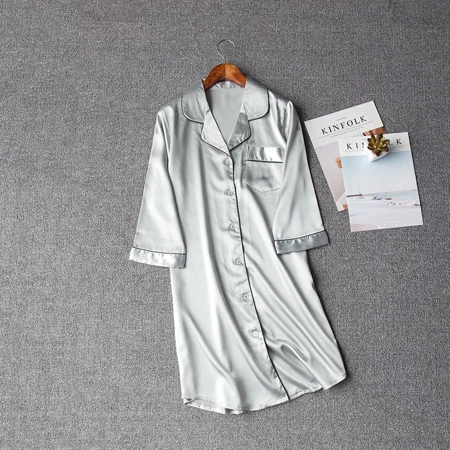 Бренд thoshine Летний стиль Китай атласные шелковые ночную рубашку Для женщин сексуальная ночная рубашка на пуговицах женского нижнего белья превосходное ночные рубашки и пижамы - Цвет: Серый