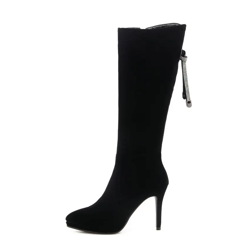 Bout 34 Esveva Femmes Bottes Plate Cristal 2019 forme Zip Du Mince Élégant Femme Chaussures Hiver Talons Haute Hauteur Genou Pointu 43 Noir À 67bfYgyv