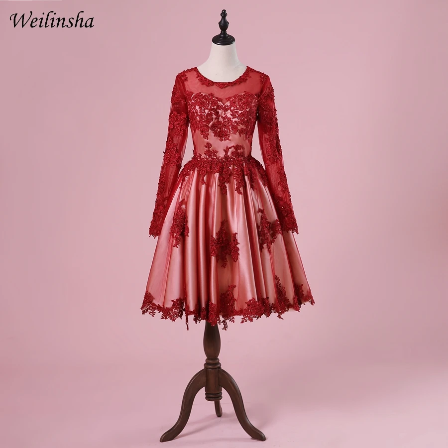 

Weilinsha Burgundy Short Prom Dress Long Sleeves Arabic Evening Dresses Robes De Soiree Custom Size Back Zipper Up
