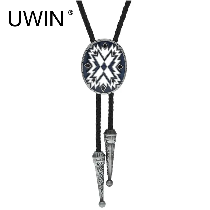 

UWIN Southwest Pattern Totem Oval Wedding Bolo Tie Vintage Silver Engrave Western Cowboy Tie Leather Pendant Necklace Adjustable