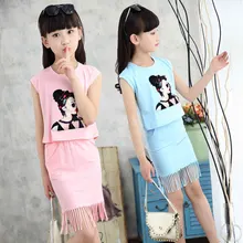 Летнее Детское платье с рисунком из 2 предметов для девочек, розовое, синее, с бахромой, с бахромой, платье, приталенное стильное детское платье без рукавов, хлопок