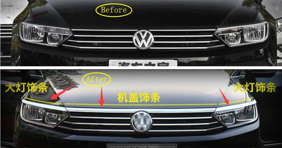 

Yimaautotrims Front Engine Hood Strip + Front Head Lights Lamp Eyelid Eyebrow Cover Trim For Volkswagen Passat B8 2016 2017 2018