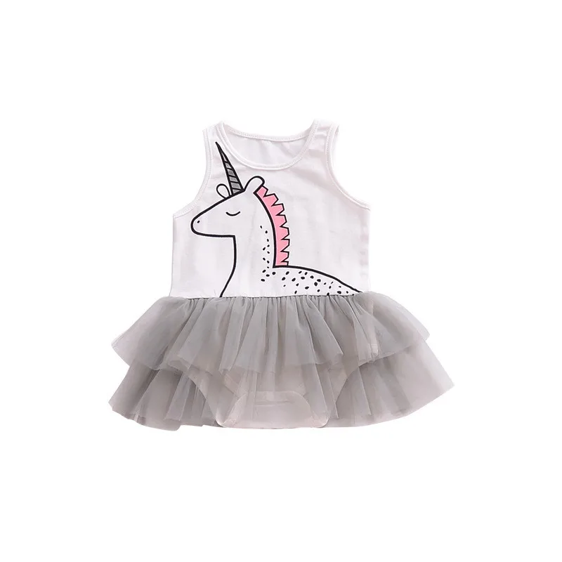 Для маленьких девочек платье-комбинезон с рисунком с рюшами без рукавов жилет единорог газовое платье принцессы короткие ползунки