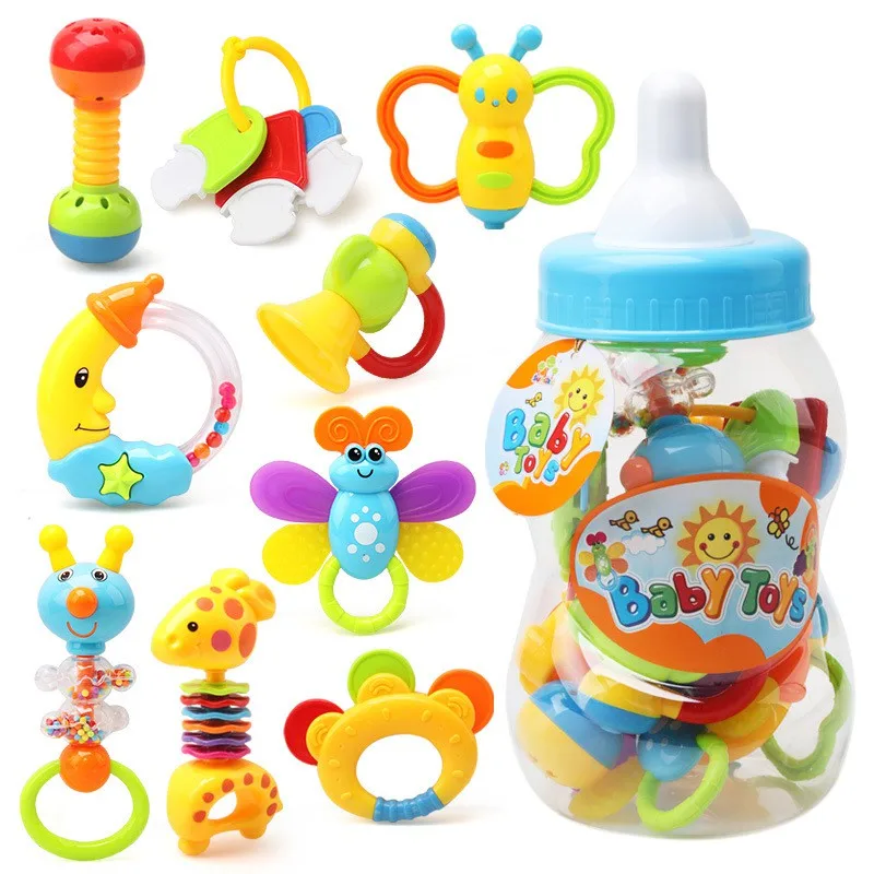 

9pcs Newborn baby toy hand bell combination gift box bottle rattles bells big bottle baby wrist teeth bite bell toys Kids toys
