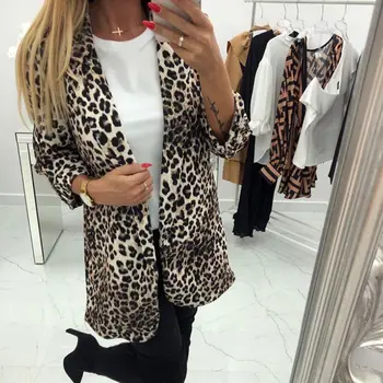 

Office Lady Coat Women Vintage Leopard Blazer Fashion Notched Collar Outerwear