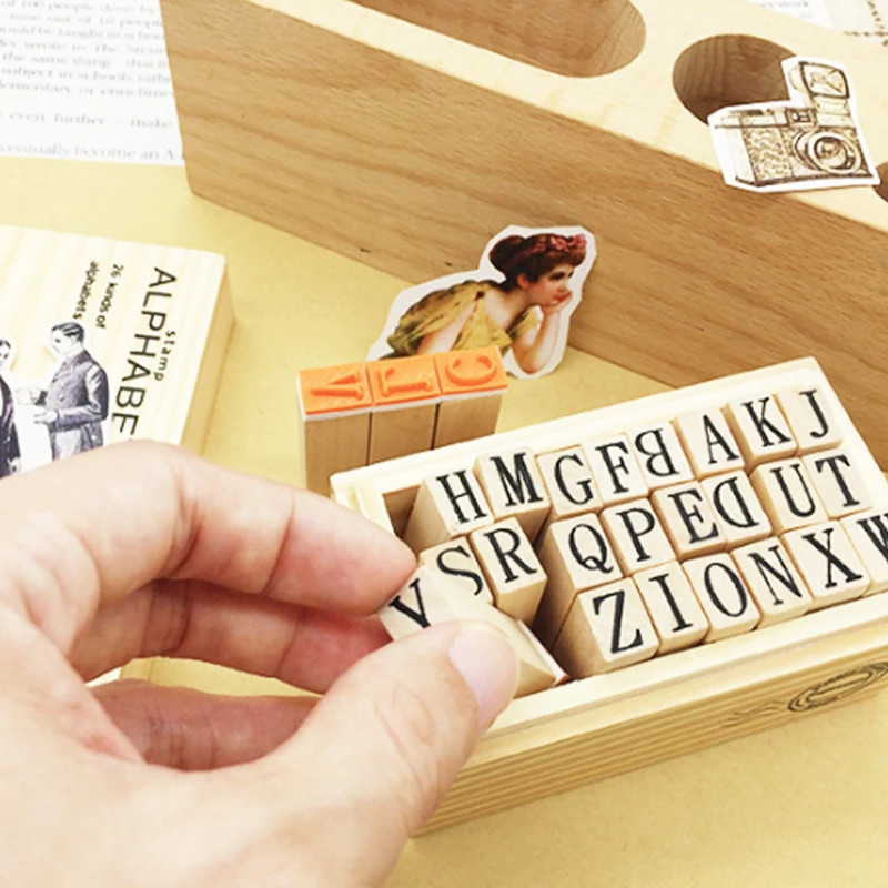 26 шт./лот набор резиновых штампов с цифрами и буквами алфавита с деревянной коробкой для обучения и рукоделия детей