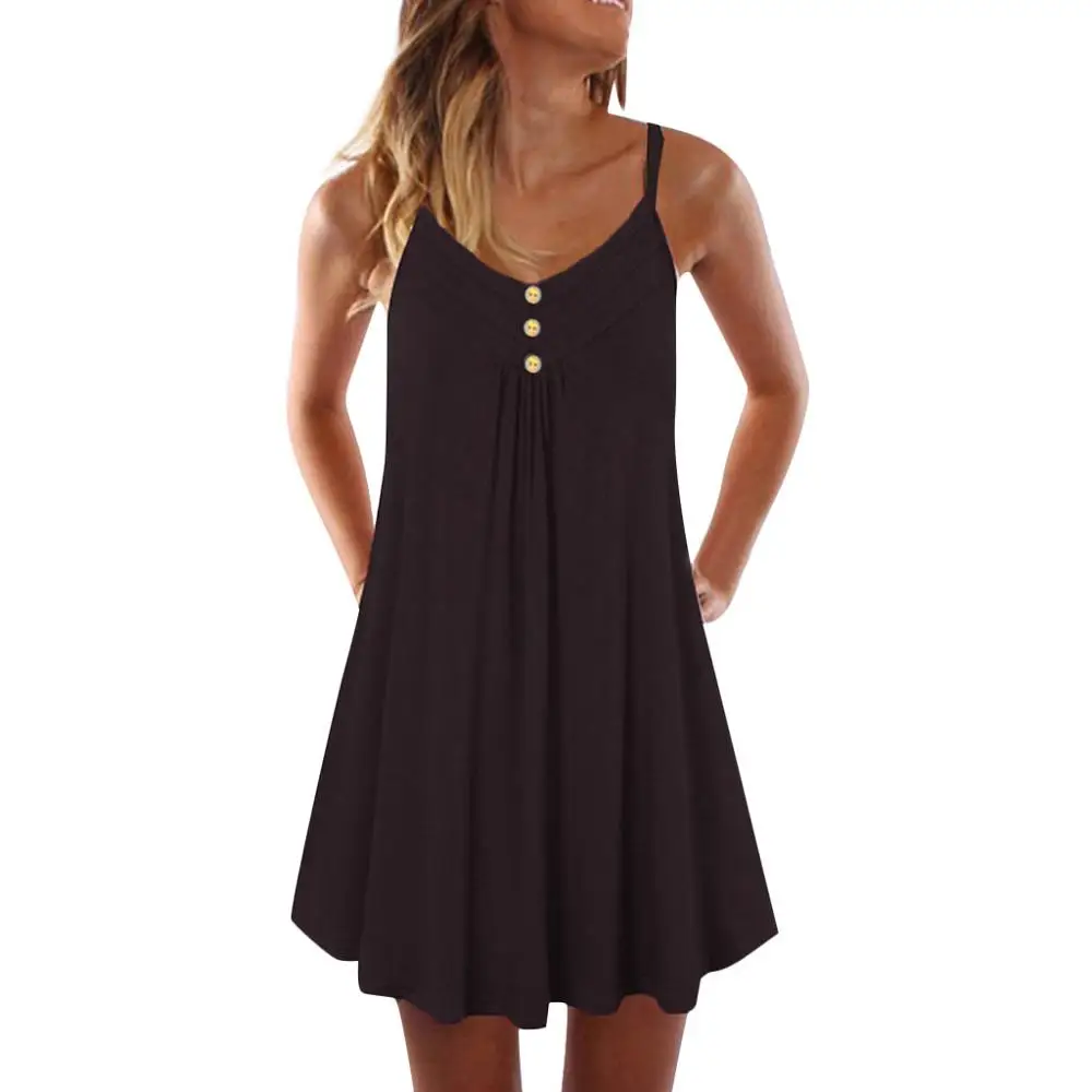 

Mini fashion Strap Summer Women Dress Sleeveless Spaghetti Strap Solid Double Breasted Plain Shift Dress vestidos de fiesta de
