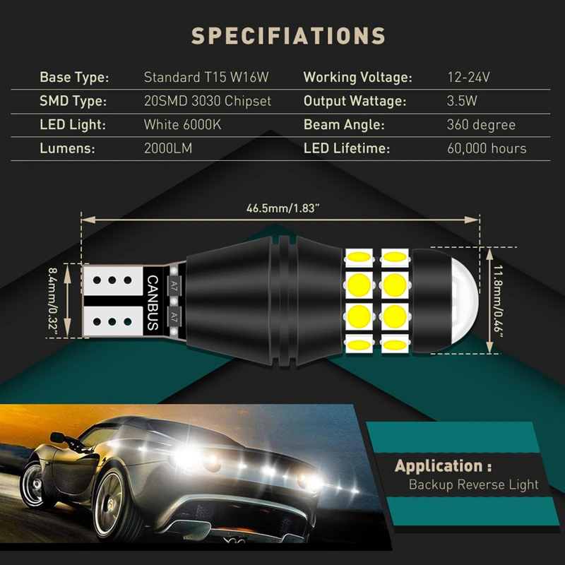 Katur 2Pcs 2000Lm T15 T16 W16W LED Reverse Light Bulbs 920 921 912 Canbus  Error Free LED Backup Parking Lamps DC12V High Lights