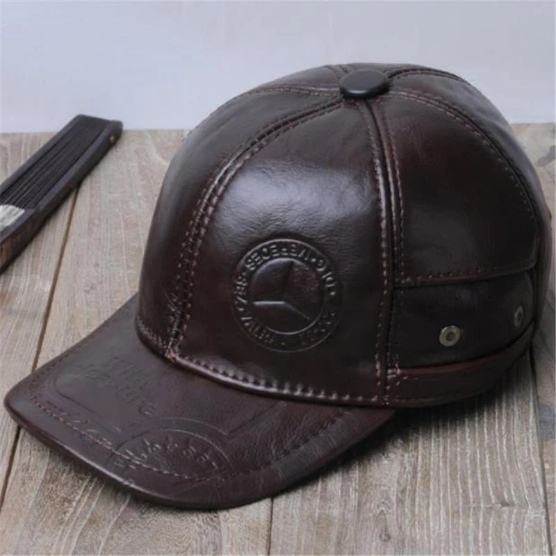 

Men Autumn Plus Size 100% Cowhide caps male winter thick 100% Genuine Leather hats man Protection ear cap