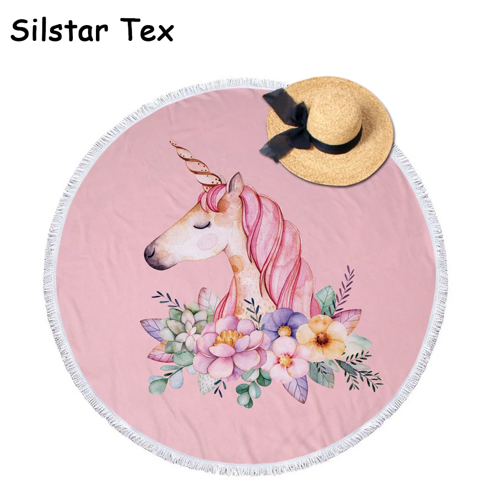 Silstar Tex Забавный Мультфильм Стили круглый пляжные Полотенца с Tassle Единорог Pattern