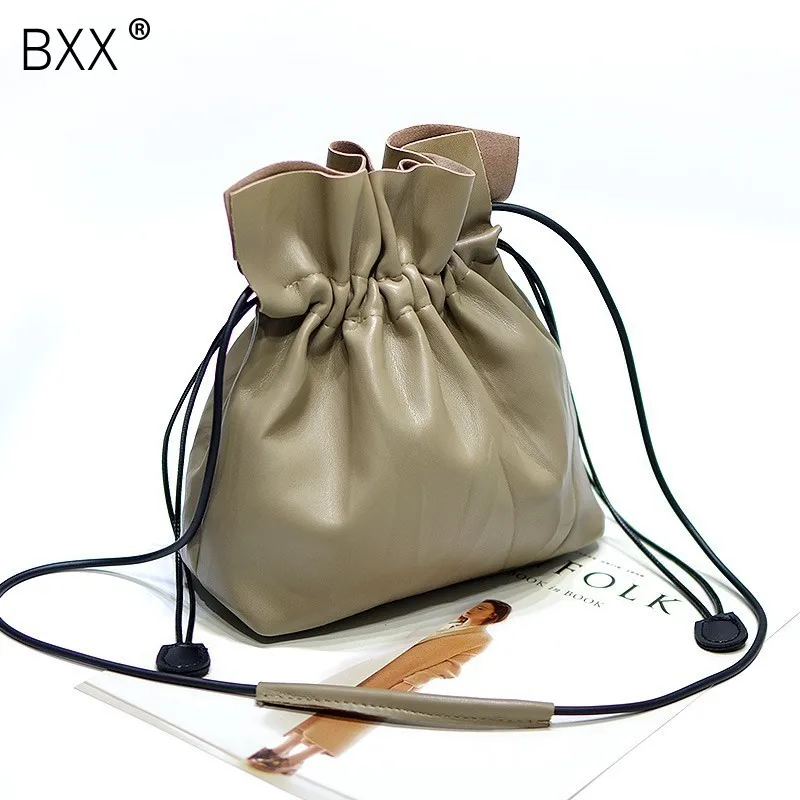 

[BXX] 2020 Spring Summer Light Foldable Soft Leather Bucket Package Single Strap Pleated Drawstring Messenger Shoulder Bag LM819