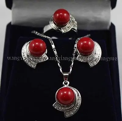 

Red South Sea Shell Pearl Earring Ring & Necklace Pendant Set>AAA 18K GP Plated gold Bridal wide watch wings queen JEWE