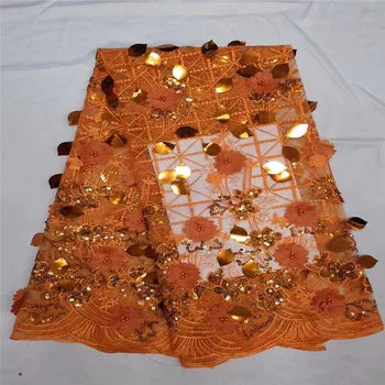 

French sequins Lace Fabric High Class African Laces Fabric Double Organza With orange beads Embroidery Sewing Women Dress