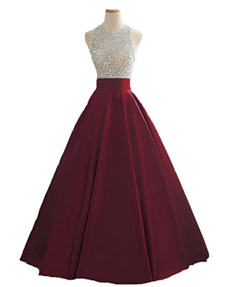 Red Beaded Halter Prom Dress