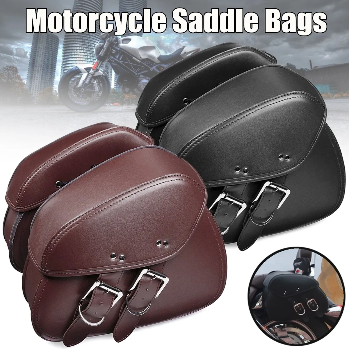 

Fashion Pair Black/Brown PU Leather Motorcycle Tool Luggage Bag Saddlebags for Harley for Kawasaki