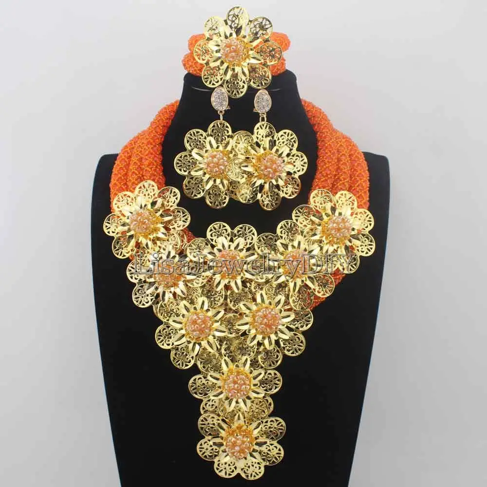 

New Christmas Orange and earrings African Beads Jewelry Set Flowers Chunky Statement Necklace Set for Brides Free Ship HD8672