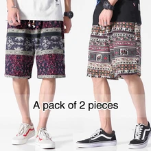 2 шт., летние мужские шорты с цветочным принтом, новинка, Модные свободные хлопковые и льняные повседневные пляжные шорты-бермуды, мужские брендовые шорты